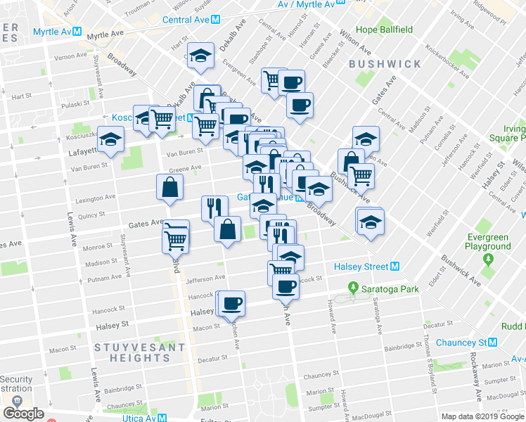 map of restaurants, bars, coffee shops, grocery stores, and more near 980 Gates Avenue in Brooklyn