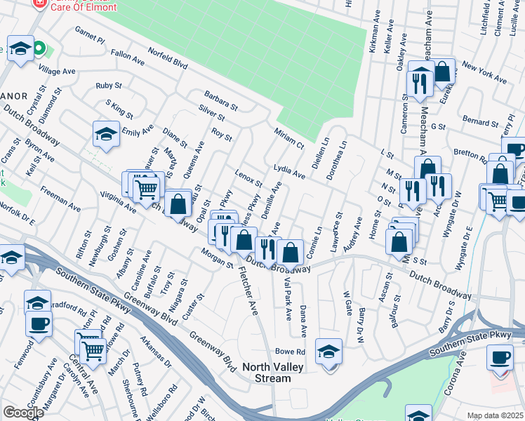 map of restaurants, bars, coffee shops, grocery stores, and more near 26 Demille Avenue in Elmont