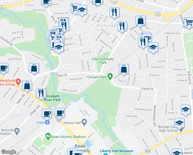 map of restaurants, bars, coffee shops, grocery stores, and more near 15 Valley View Road in Hillside