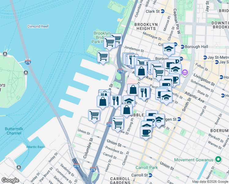 map of restaurants, bars, coffee shops, grocery stores, and more near 94 Congress Street in Brooklyn