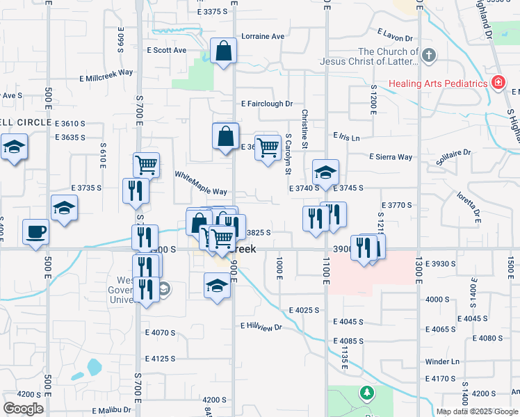 map of restaurants, bars, coffee shops, grocery stores, and more near 950 Grape Ivy Way in Millcreek