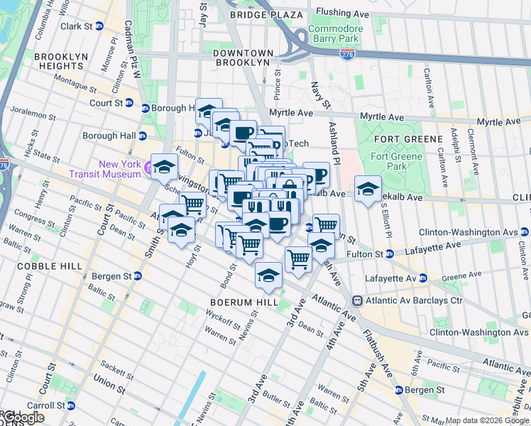map of restaurants, bars, coffee shops, grocery stores, and more near 19-23 Bond Street in Brooklyn