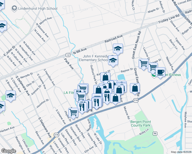 map of restaurants, bars, coffee shops, grocery stores, and more near 29 Guilford Park Drive in West Babylon