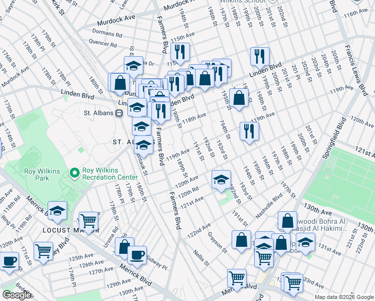 map of restaurants, bars, coffee shops, grocery stores, and more near 190-02 119th Avenue in Queens