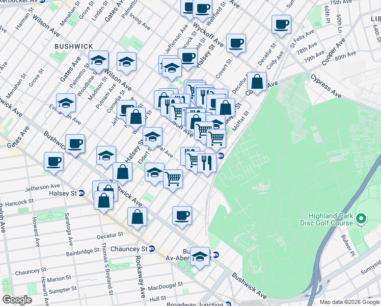 map of restaurants, bars, coffee shops, grocery stores, and more near 183 Cooper Street in Brooklyn