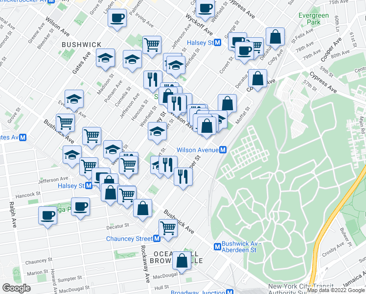 map of restaurants, bars, coffee shops, grocery stores, and more near 168 Schaefer Street in Brooklyn