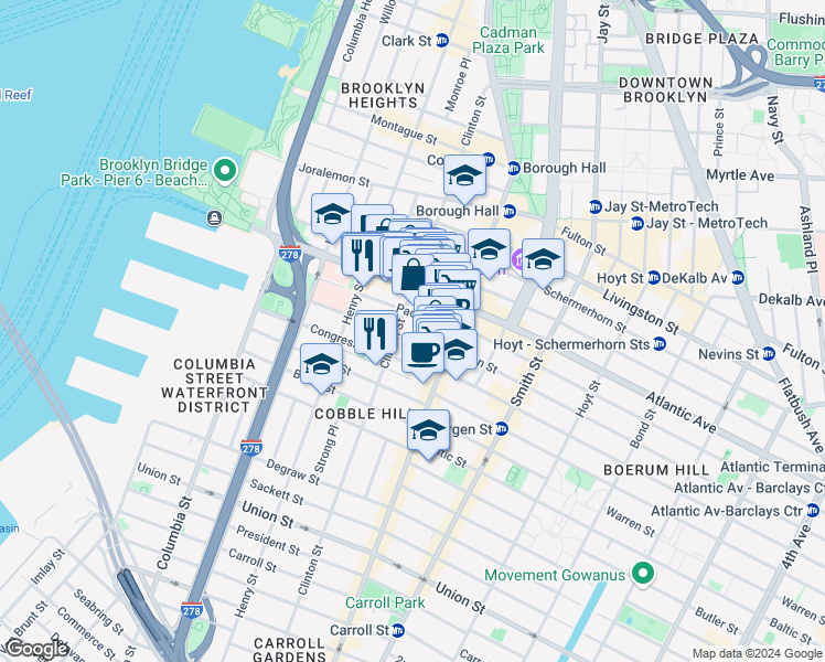 map of restaurants, bars, coffee shops, grocery stores, and more near 236 Clinton Street in Brooklyn