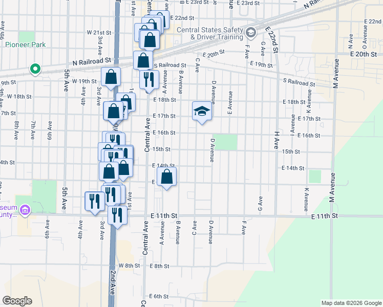 map of restaurants, bars, coffee shops, grocery stores, and more near 1422 C Avenue in Kearney