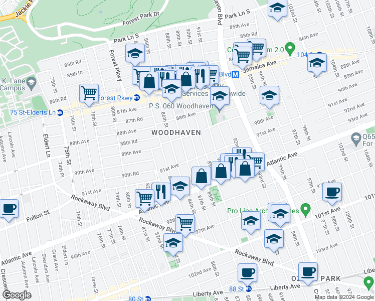 map of restaurants, bars, coffee shops, grocery stores, and more near 89-27 87th Street in Queens
