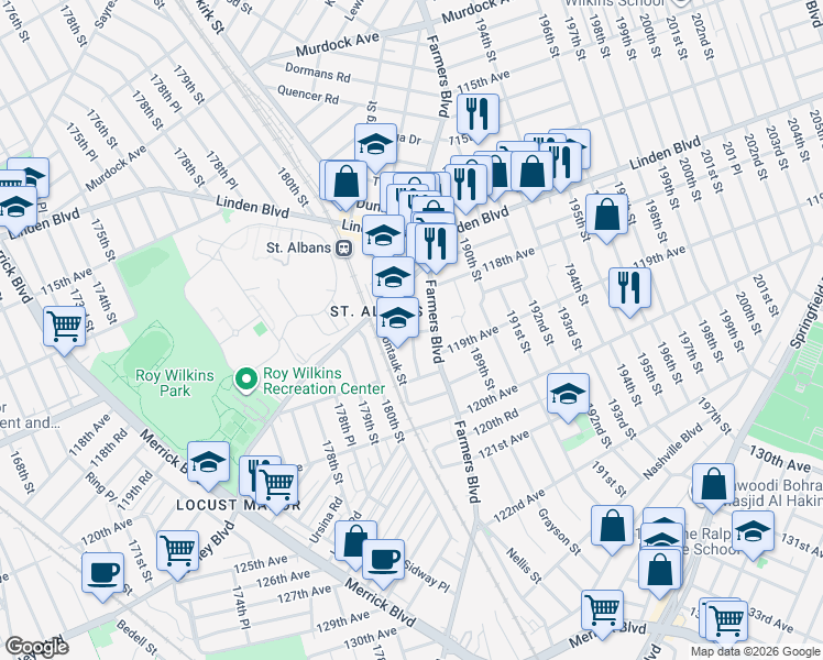 map of restaurants, bars, coffee shops, grocery stores, and more near 118-42 Farmers Boulevard in Queens