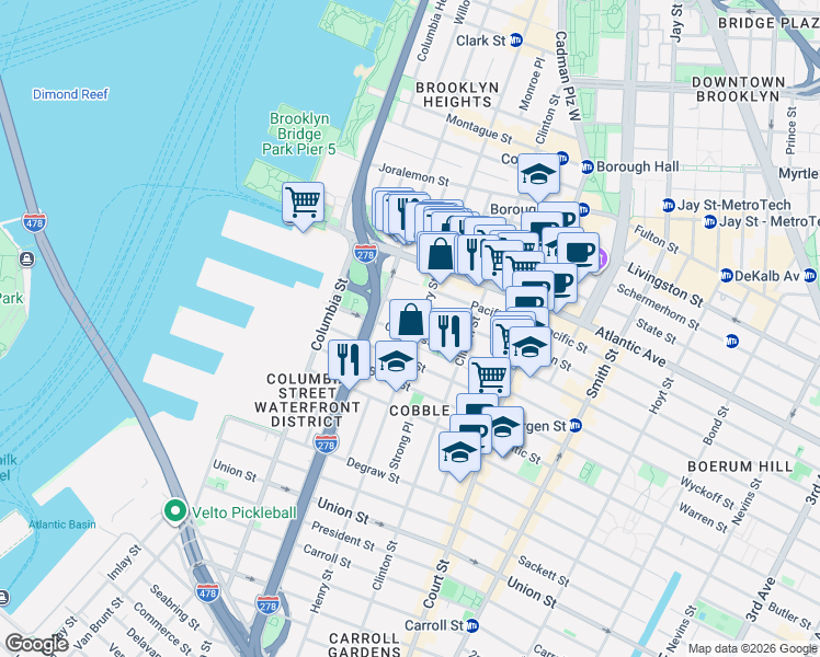 map of restaurants, bars, coffee shops, grocery stores, and more near 119 Congress Street in Brooklyn