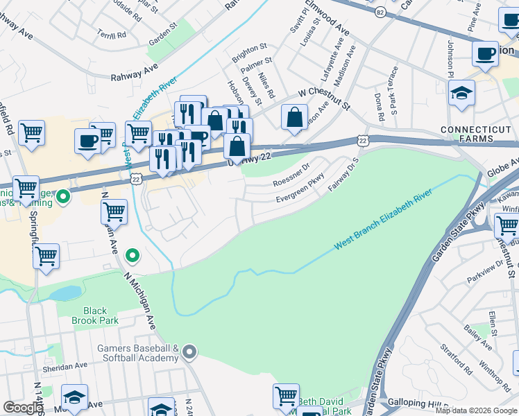 map of restaurants, bars, coffee shops, grocery stores, and more near 647 Evergreen Parkway in Union