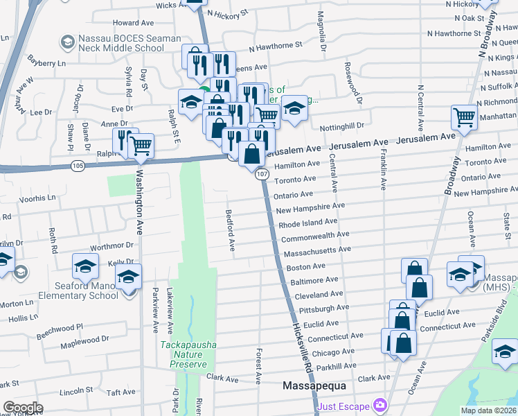 map of restaurants, bars, coffee shops, grocery stores, and more near 971 Hicksville Road in Massapequa