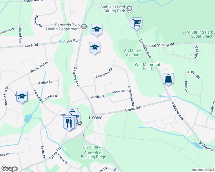map of restaurants, bars, coffee shops, grocery stores, and more near 21 Forest Trail in Basking Ridge