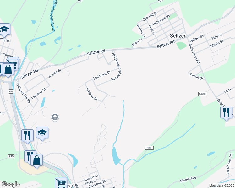map of restaurants, bars, coffee shops, grocery stores, and more near 125 Evergreen Drive in Pottsville