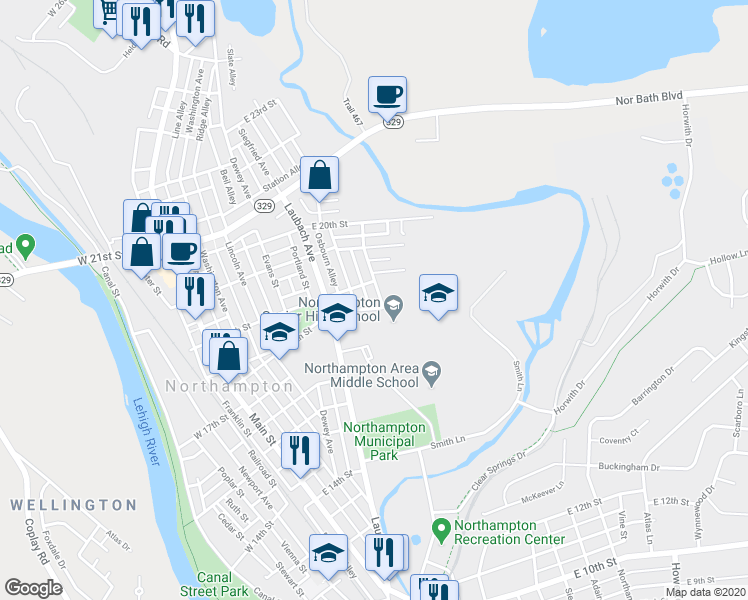 map of restaurants, bars, coffee shops, grocery stores, and more near 1710 Hokendauqua Avenue in Northampton