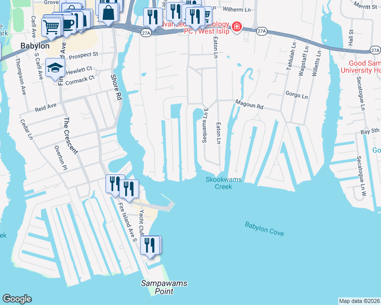 map of restaurants, bars, coffee shops, grocery stores, and more near 221 Sequams Lane Center in West Islip