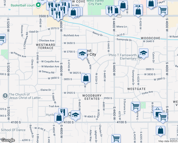 map of restaurants, bars, coffee shops, grocery stores, and more near 3816 Atlas Way in West Valley City