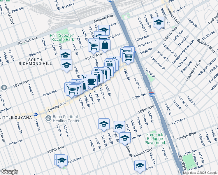 map of restaurants, bars, coffee shops, grocery stores, and more near 105-01 130th Street in Queens
