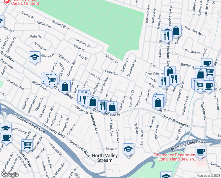 map of restaurants, bars, coffee shops, grocery stores, and more near 101 Russell Avenue in Elmont