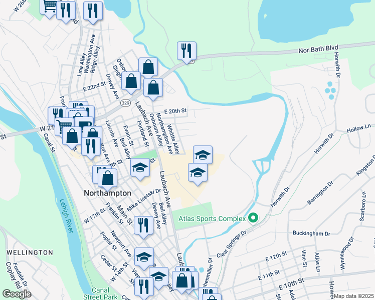 map of restaurants, bars, coffee shops, grocery stores, and more near 1710 Hokendauqua Avenue in Northampton