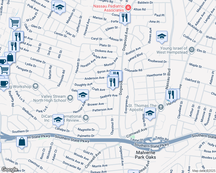 map of restaurants, bars, coffee shops, grocery stores, and more near 676 Hall Street in Franklin Square