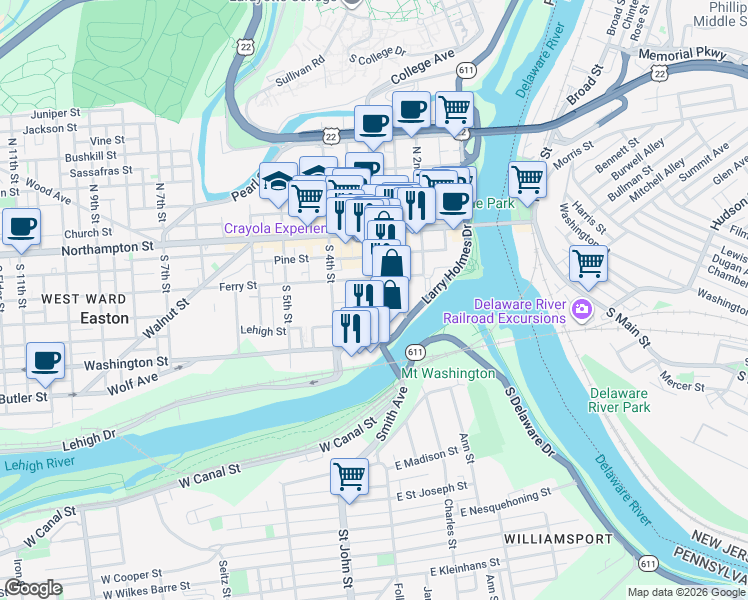 map of restaurants, bars, coffee shops, grocery stores, and more near 123 South 3rd Street in Easton