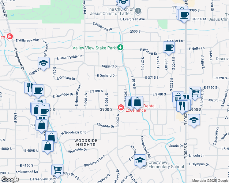 map of restaurants, bars, coffee shops, grocery stores, and more near 3771 South 2000 East in Salt Lake City