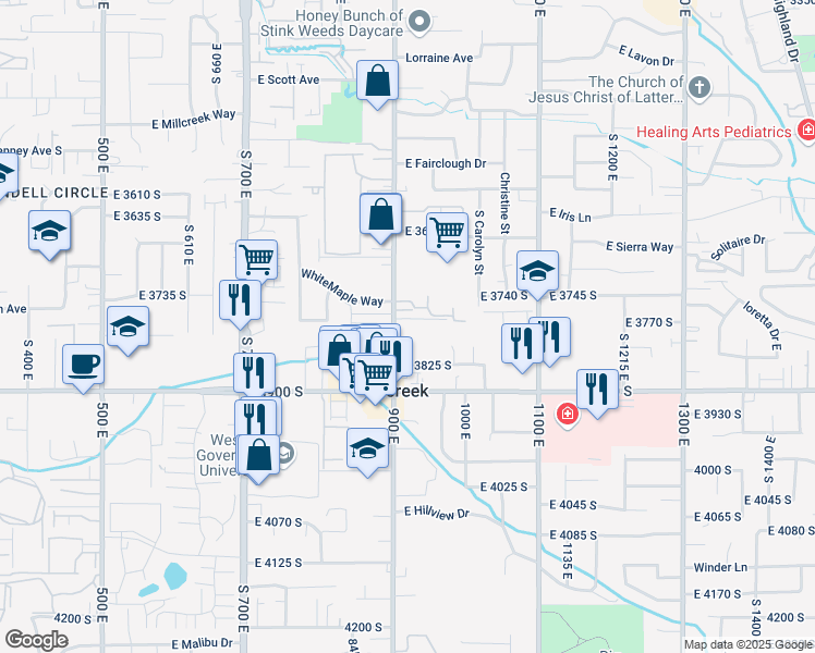 map of restaurants, bars, coffee shops, grocery stores, and more near in Millcreek
