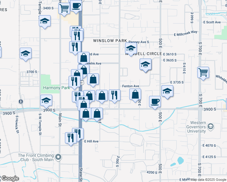 map of restaurants, bars, coffee shops, grocery stores, and more near 275 Rigdon Avenue in South Salt Lake