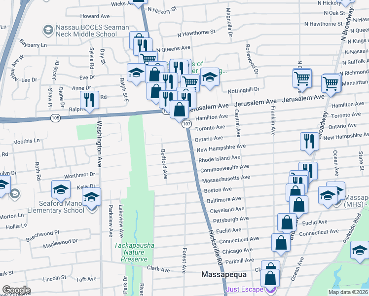 map of restaurants, bars, coffee shops, grocery stores, and more near 971 Hicksville Road in Massapequa