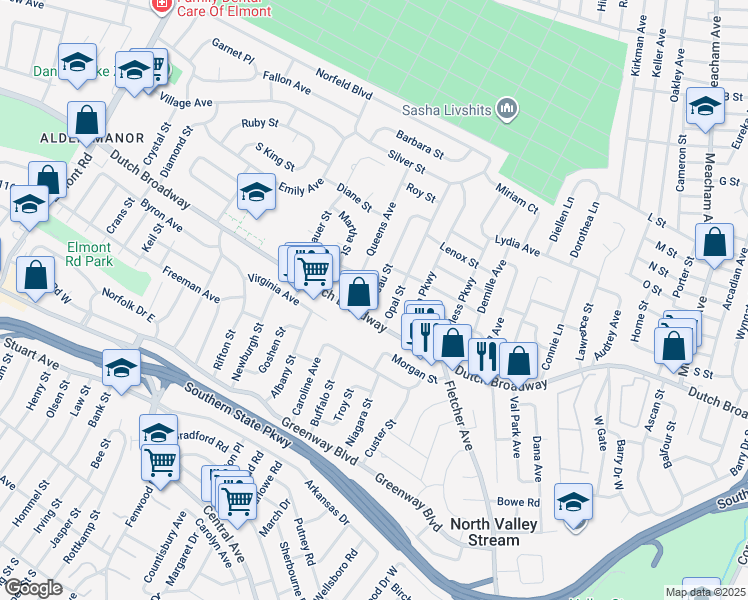 map of restaurants, bars, coffee shops, grocery stores, and more near 25 Nassau Street in Elmont