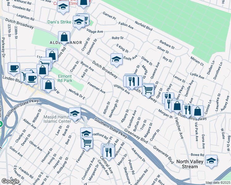 map of restaurants, bars, coffee shops, grocery stores, and more near 75 Newburgh Street in Elmont
