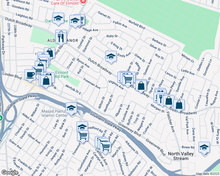 map of restaurants, bars, coffee shops, grocery stores, and more near 75 Newburgh Street in Elmont