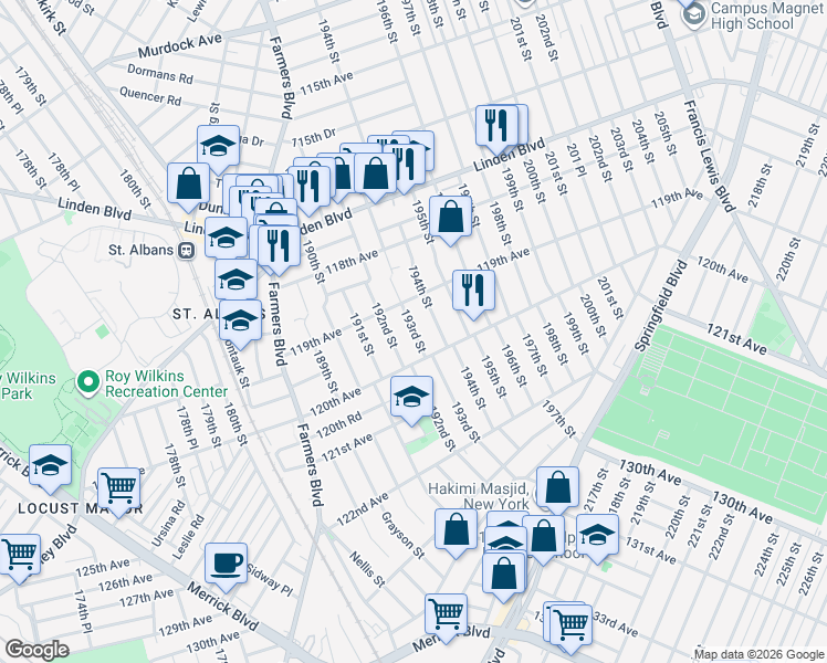 map of restaurants, bars, coffee shops, grocery stores, and more near 119-33 193rd Street in Queens