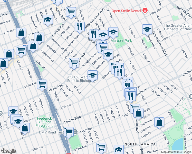 map of restaurants, bars, coffee shops, grocery stores, and more near 145-27 Glassboro Avenue in Queens
