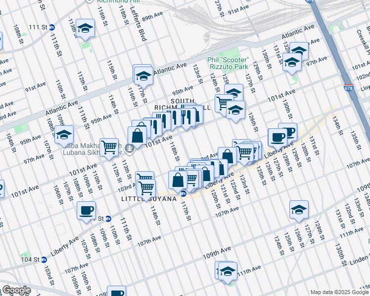 map of restaurants, bars, coffee shops, grocery stores, and more near 101-36 Lefferts Boulevard in Queens