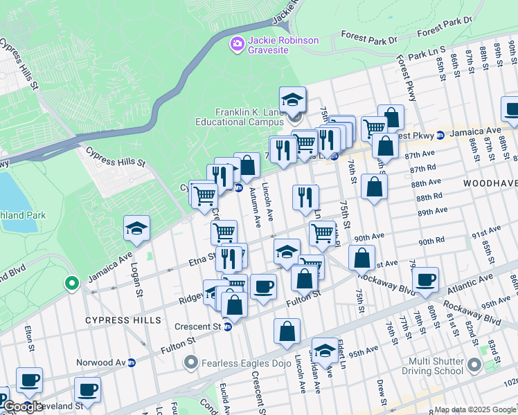 map of restaurants, bars, coffee shops, grocery stores, and more near 59 Lincoln Avenue in Brooklyn