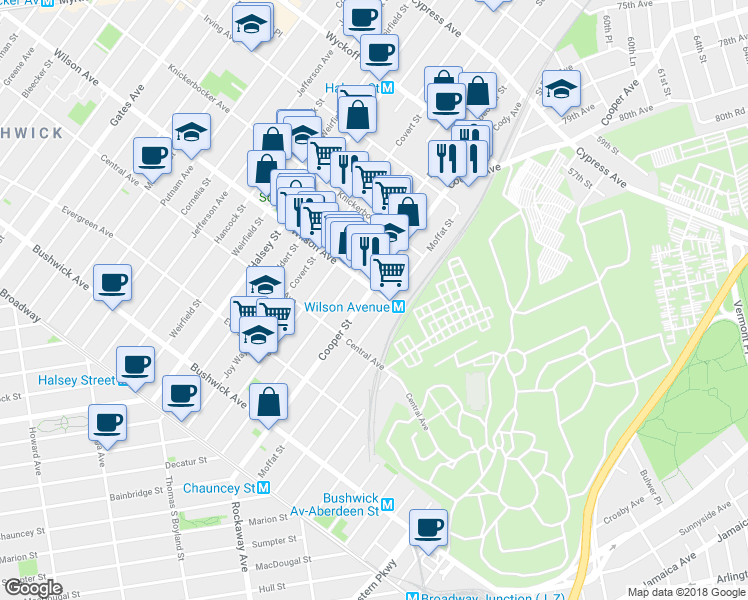 map of restaurants, bars, coffee shops, grocery stores, and more near 236 Moffat Street in Brooklyn