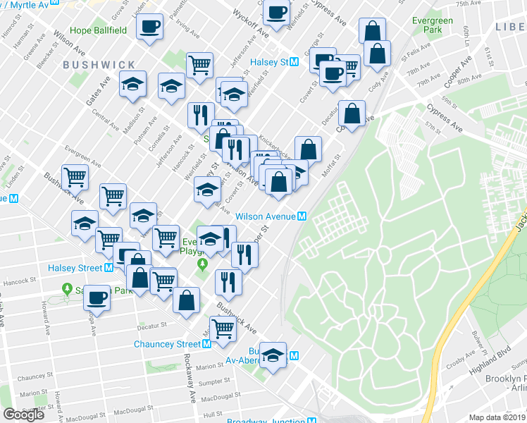 map of restaurants, bars, coffee shops, grocery stores, and more near 183 Cooper Street in Brooklyn