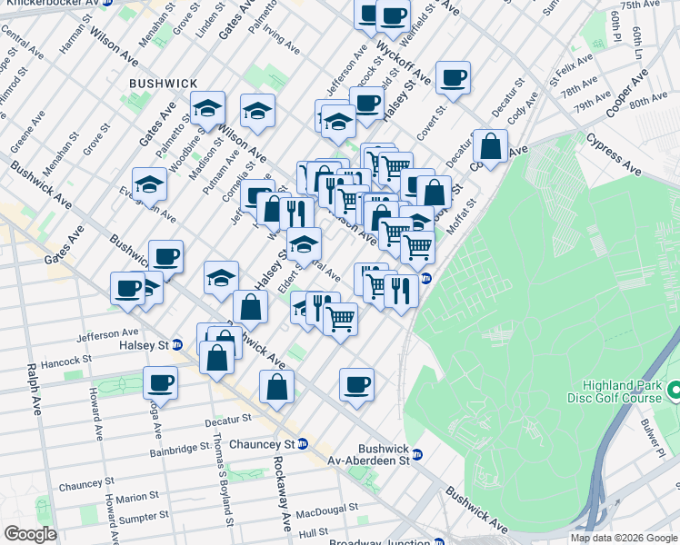 map of restaurants, bars, coffee shops, grocery stores, and more near 168 Schaefer Street in Brooklyn