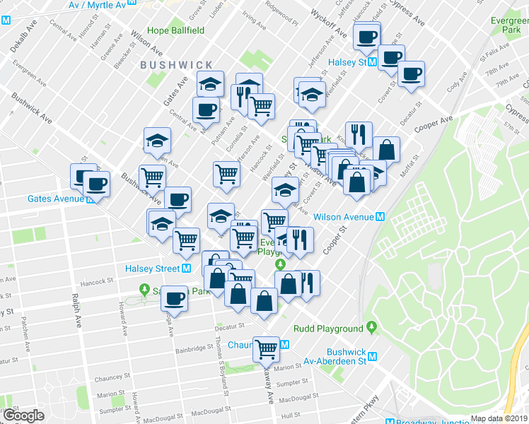 map of restaurants, bars, coffee shops, grocery stores, and more near 155 Eldert Street in Brooklyn