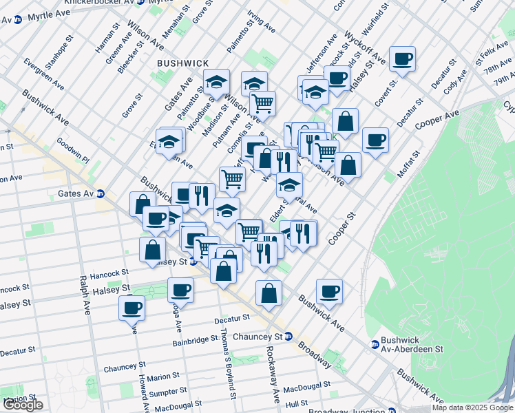 map of restaurants, bars, coffee shops, grocery stores, and more near 1095 Halsey Street in Brooklyn