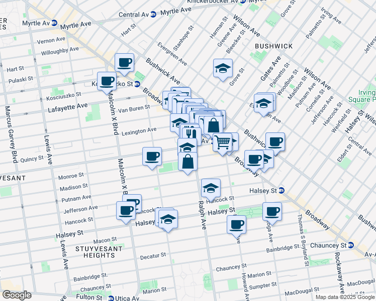 map of restaurants, bars, coffee shops, grocery stores, and more near 980 Gates Avenue in Brooklyn