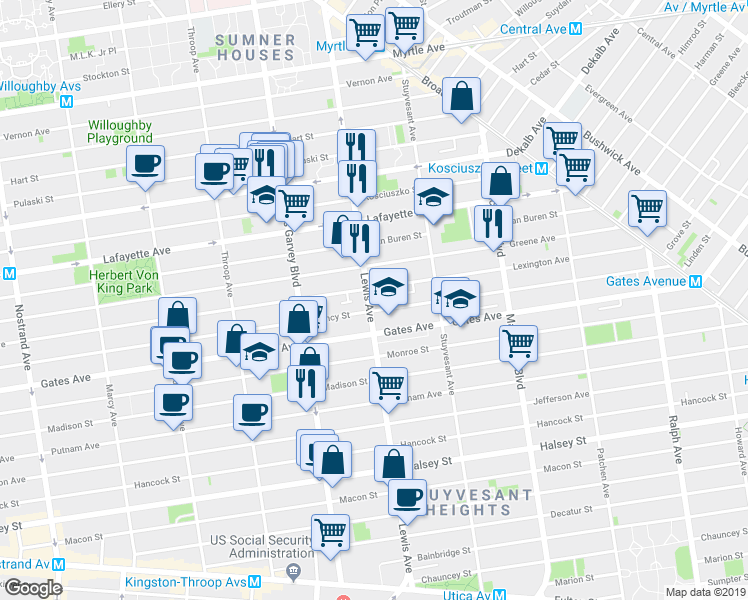 map of restaurants, bars, coffee shops, grocery stores, and more near 218 Lewis Avenue in Brooklyn