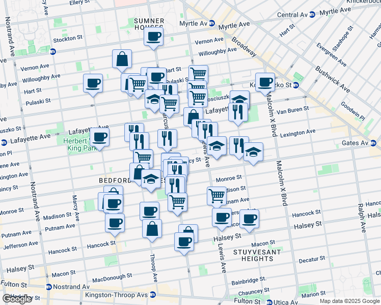 map of restaurants, bars, coffee shops, grocery stores, and more near 554A Lexington Avenue in Brooklyn