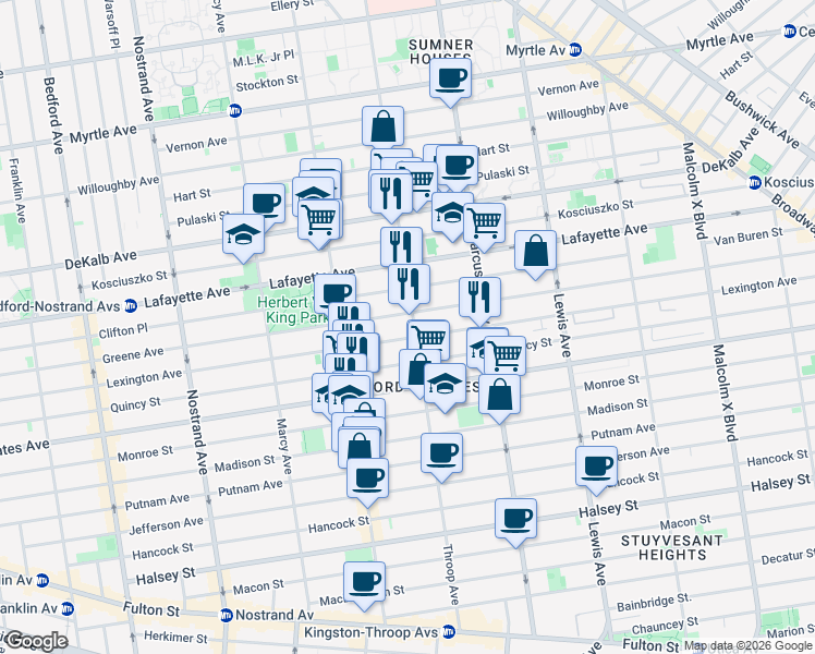 map of restaurants, bars, coffee shops, grocery stores, and more near 434 Throop Avenue in Brooklyn