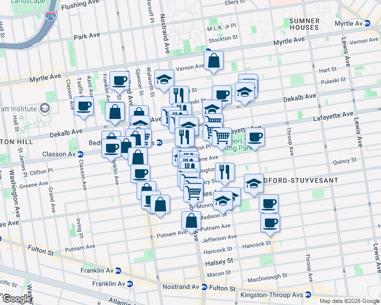 map of restaurants, bars, coffee shops, grocery stores, and more near 360 Clifton Place in Brooklyn