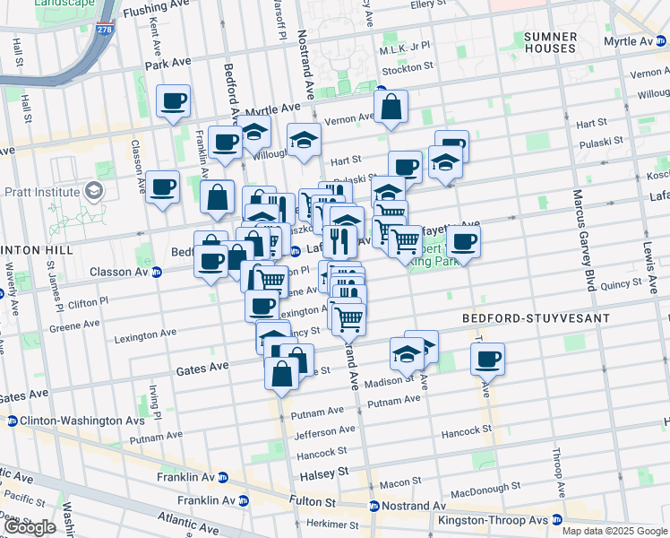 map of restaurants, bars, coffee shops, grocery stores, and more near 328 Clifton Place in Brooklyn