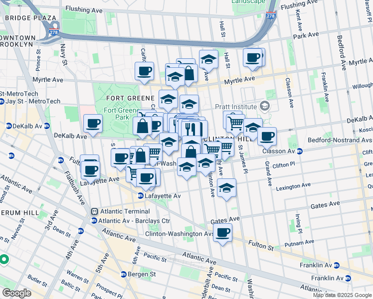 map of restaurants, bars, coffee shops, grocery stores, and more near 276 Vanderbilt Avenue in Brooklyn
